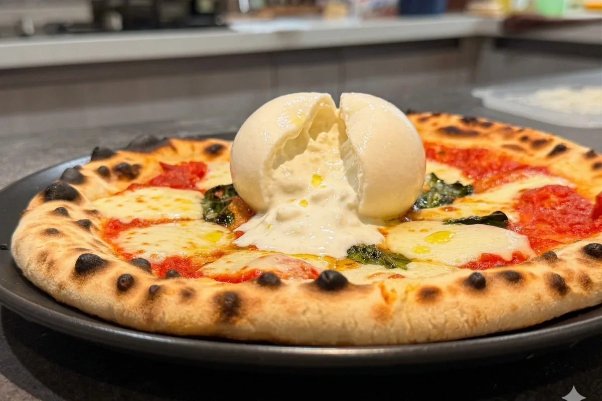 Artisanal Burrata pizza made using a KEVJES silicone dough container for cold proofing.