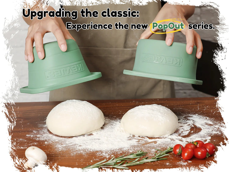 A baker compares green KEVJES Classic and PopOut dough proofing containers above two pizza dough balls.