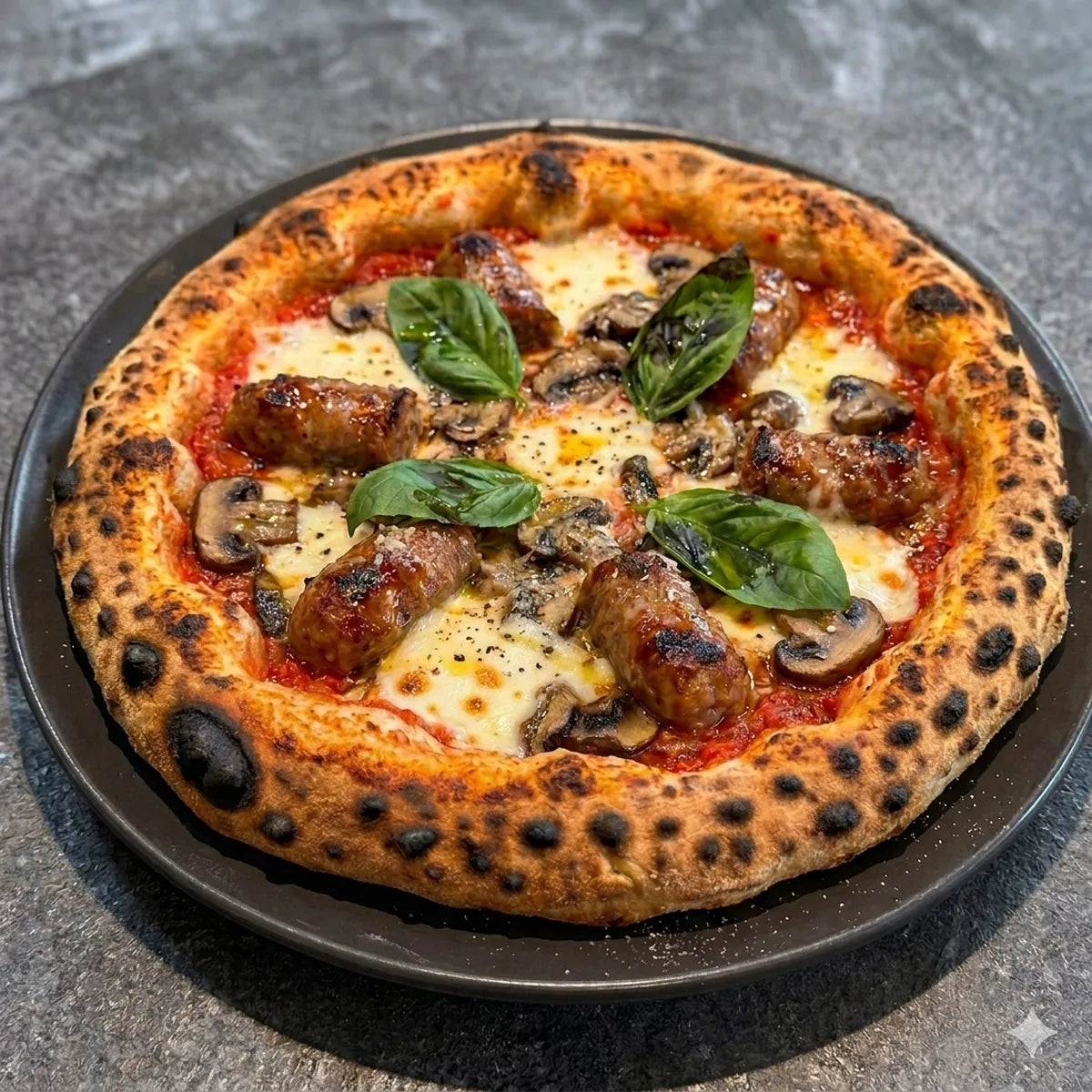 Sausage and mushroom Neapolitan pizza with leopard-spotted crust