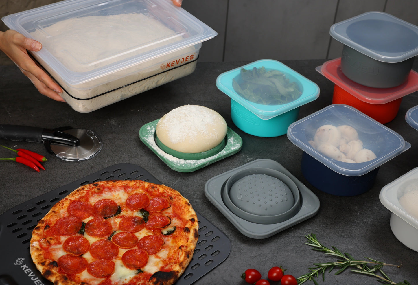 PopOut Series 1000ml Collapsible Pizza Dough Proofing Containers (2-Pack, Space Grey) for 12–16 Inch Pizzas